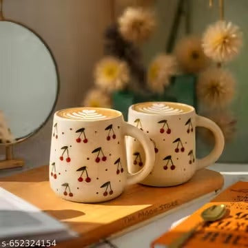 Handmade Ceramic Coffee Mug with Cherry Print | Cute Aesthetic Tea Cup | Artisan Ceramic Drinkware