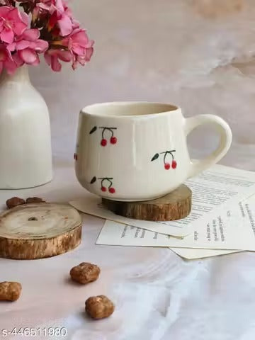 Handmade Ceramic Coffee Mug with Cherry Print | Cute Aesthetic Tea Cup | Artisan Ceramic Drinkware