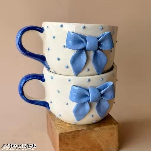 Handmade Ceramic Coffee Cup with Blue Bow | Cute Polka Dot Tea Mug | Aesthetic Ceramic Drinkware