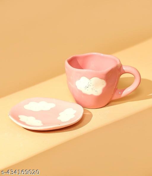 Handmade Pink Cloud Ceramic Coffee Cup & Saucer | Cute Aesthetic Tea Set | Artisan Drinkware