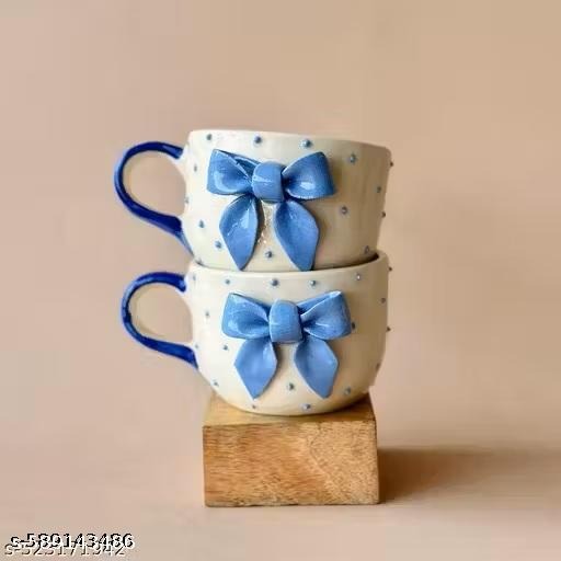 Handmade Ceramic Coffee Cup with Blue Bow | Cute Polka Dot Tea Mug | Aesthetic Ceramic Drinkware
