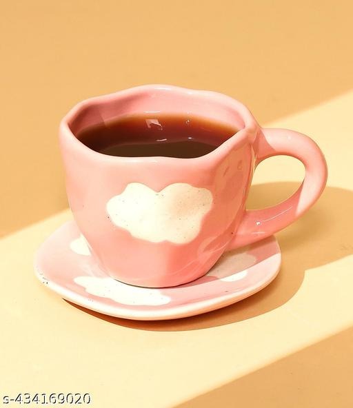 Handmade Pink Cloud Ceramic Coffee Cup & Saucer | Cute Aesthetic Tea Set | Artisan Drinkware